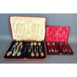 A Set of Six Sheffield Silver Teaspoons with matching tongs within fitted lined case together with a