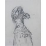 John 'Study Of A Girl With Scarf' pencil drawing, signed, 22 x 16 cms