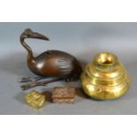 A Japanese Patinated Bronze Censer in the form of an Ibis, an Indian brass vessel and two small