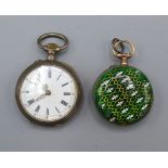 An Enamel Fob Watch together with a similar silver fob watch