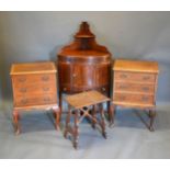 A Pair of Three Drawer Bedside Chests together with a 19th Century corner washstand and an oak table