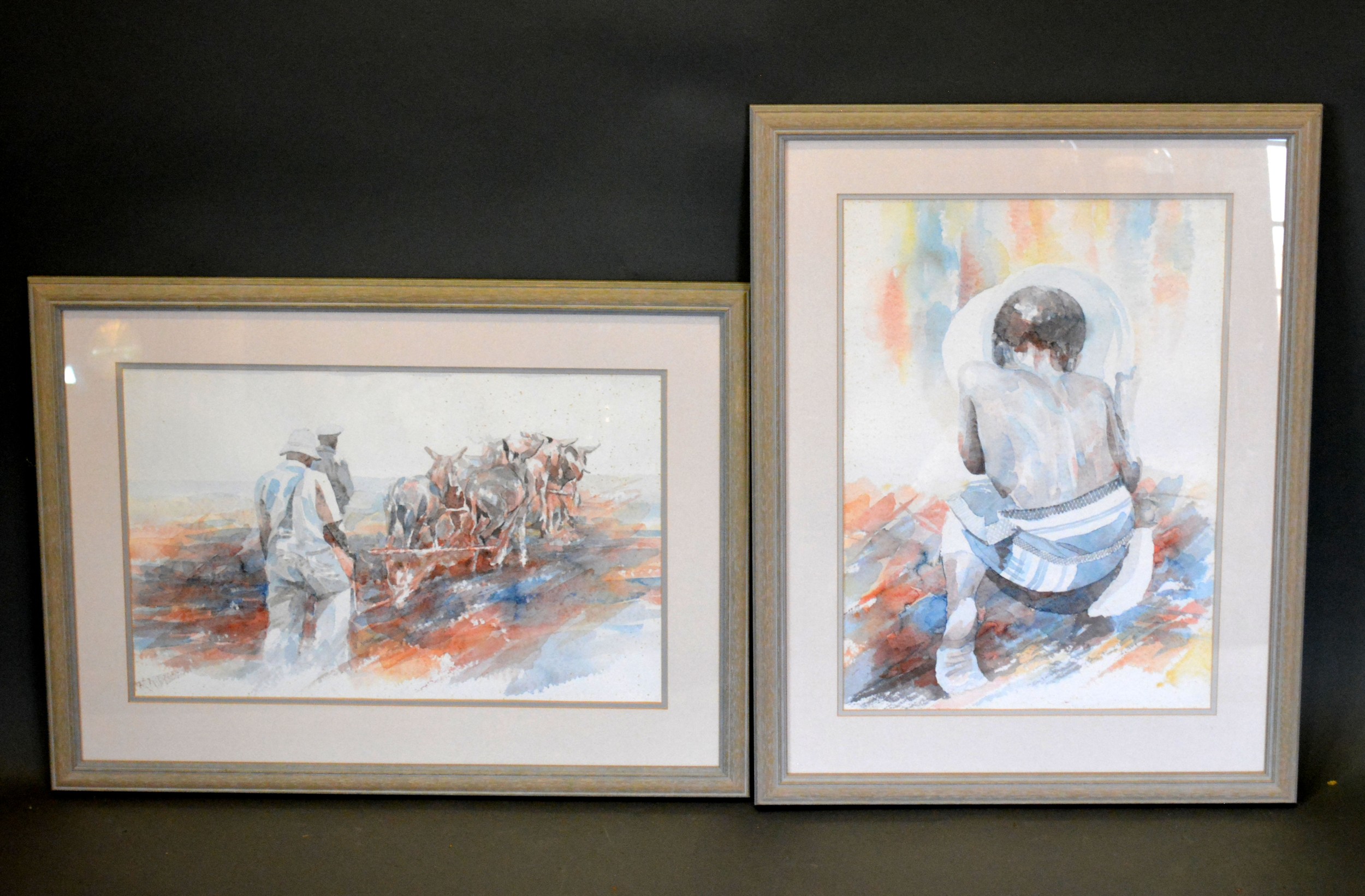 Kenneth Thabo 'Figure Kneeling' watercolour signed 48 x 34 cms together with another similar by