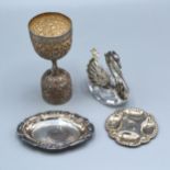 An Indian White Metal Wager Cup together with a glass and white metal salt in the form of a swan and