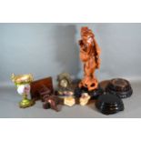 A Chinese Carved Wooden Figure together with other items