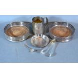 A Pair of London Silver Bottle Coasters together with a London Silver small dish, a Birmingham
