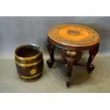 A 19th Century Brass Bound Stick Stand in the form of a barrel together with an Indian carved