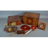 A Tunbridge Ware Inlaid Work Box together with a collection of other items to include a pair of