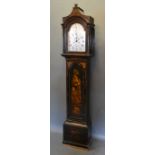 An 18th Century Chinoiserie Lacquered Long Case Clock, the arched hood with turned pilasters above