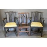 A Pair of Carved Oak Armchairs together with a country Chippendale style side chair