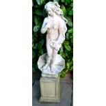 A Weathered Garden Figure in the form of a Classical Female upon a plinth, 123 cms tall