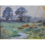Nina Hill 'Cattle by a River Landscape' oil on board, 25 x 33 cms, signed verso