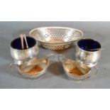 A Pair of London Silver Salts with blue glass liners together with a pair of Sheffield salts and a