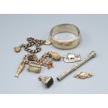 Two Silver Curb Link Charm Bracelets together with a silver bangle, a propelling pencil and other