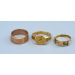 A 9ct gold signet ring together with two 9ct gold rings, 11.3gms