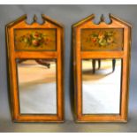 A Pair of Sheraton Revival Wall Mirrors each with a broken arch pediment above a painted frieze