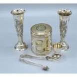 A Pair of London Silver Spill Vases together with a Birmingham silver cylindrical canister, a