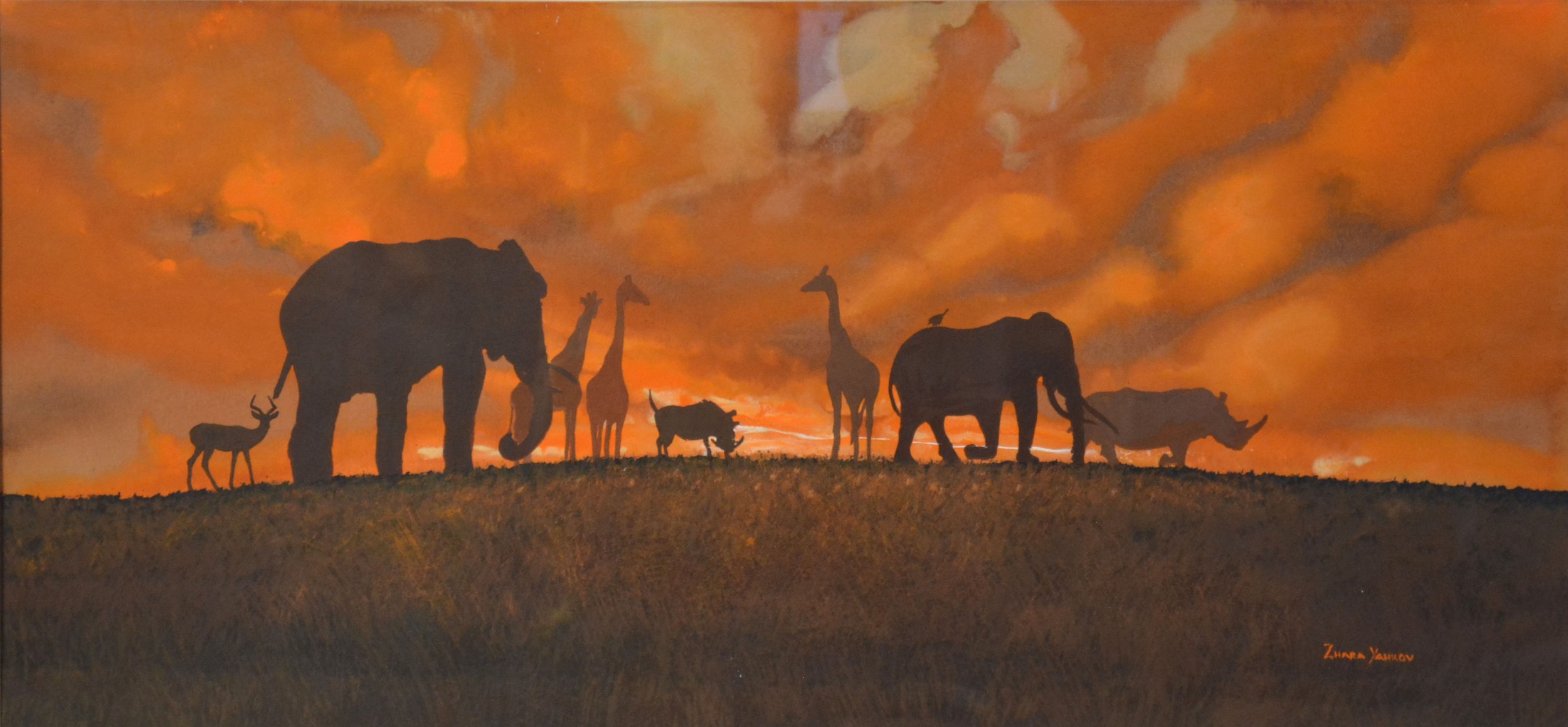 Zhara Yahkov 'Animal Sunset' watercolour and gouache signed 38 x 78 cms