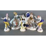 A Group of Five Continental Porcelain Figures each with polychrome decoration highlighted with gilt