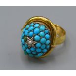 An 18ct. Gold Dress Ring with a single pearl amongst turquoise, ring size N, 10.1 gms.