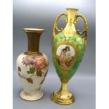 A Coalport Porcelain Large Two Handled Vase decorated with two reserves upon a green ground