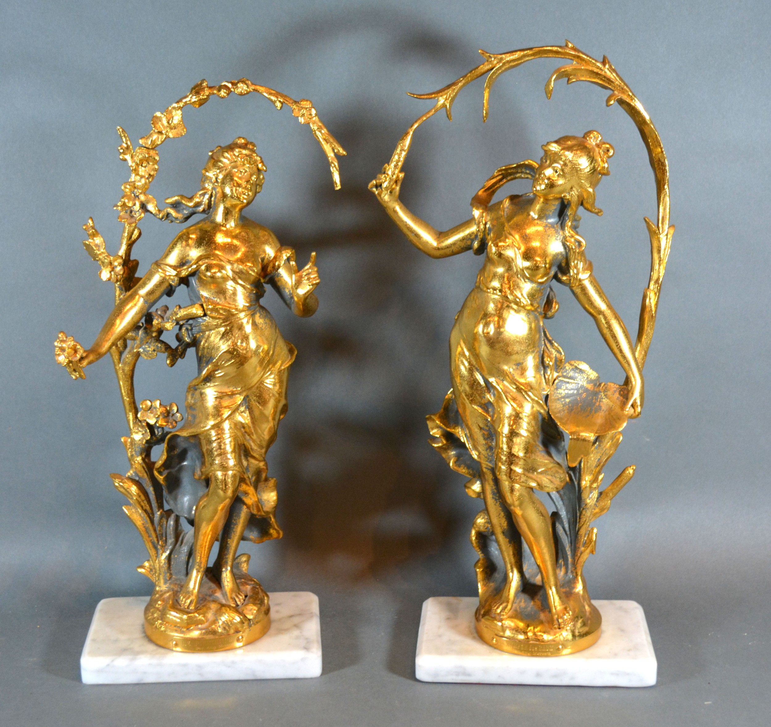 After Augustus Moreau, a pair of patinated figures Le Printemps and La Nymphe des Eaux 45 cms tall