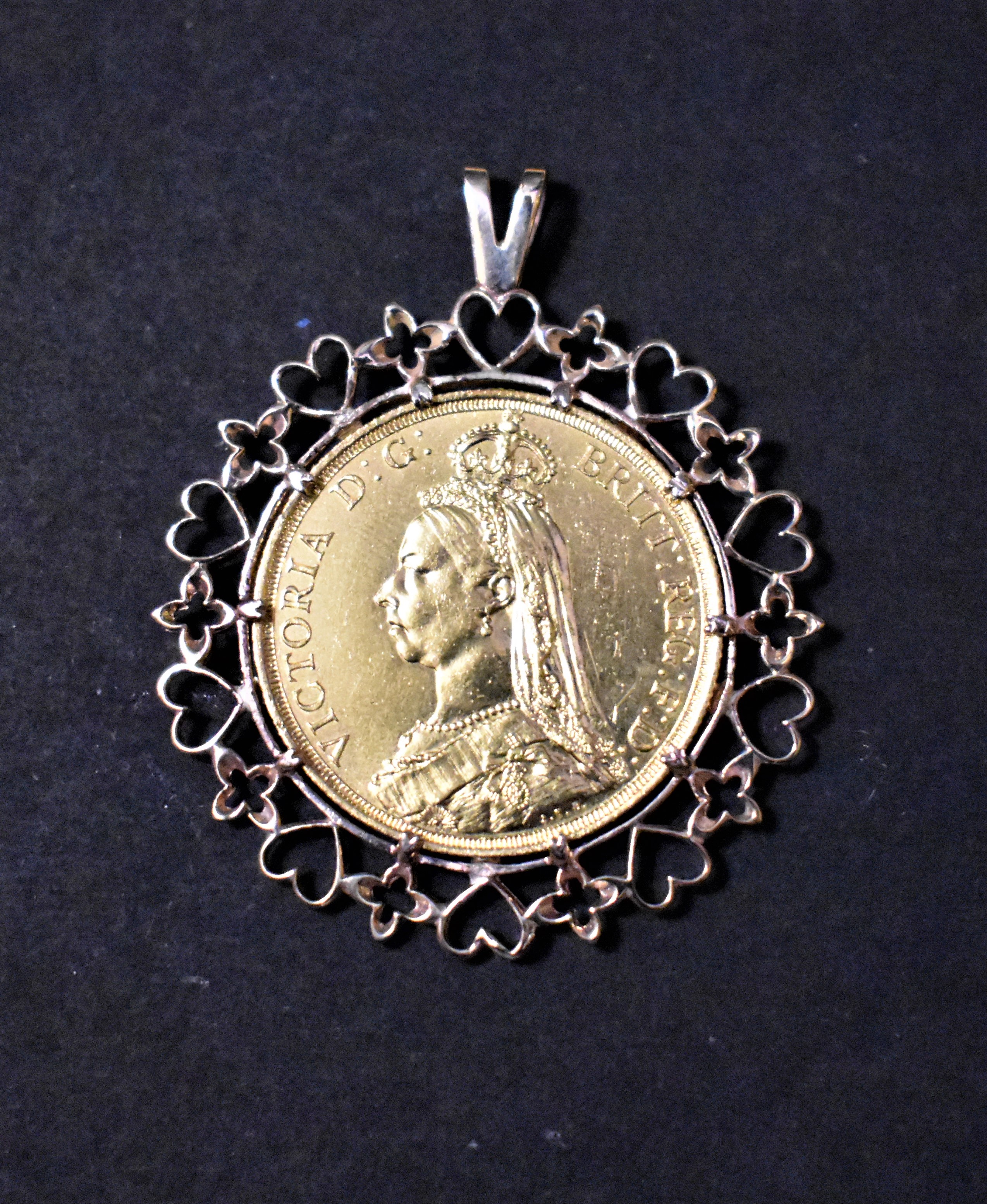 Gold Two Pounds 1887 Victoria Jubilee with an ornate Gold Mount for a Necklace.