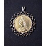 Gold Two Pounds 1887 Victoria Jubilee with an ornate Gold Mount for a Necklace.