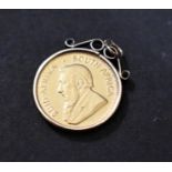 Gold Quarter Ounce Krugerrand 1980, approx 8.5 Grams of Gold with a 9ct Mount for a Necklace.