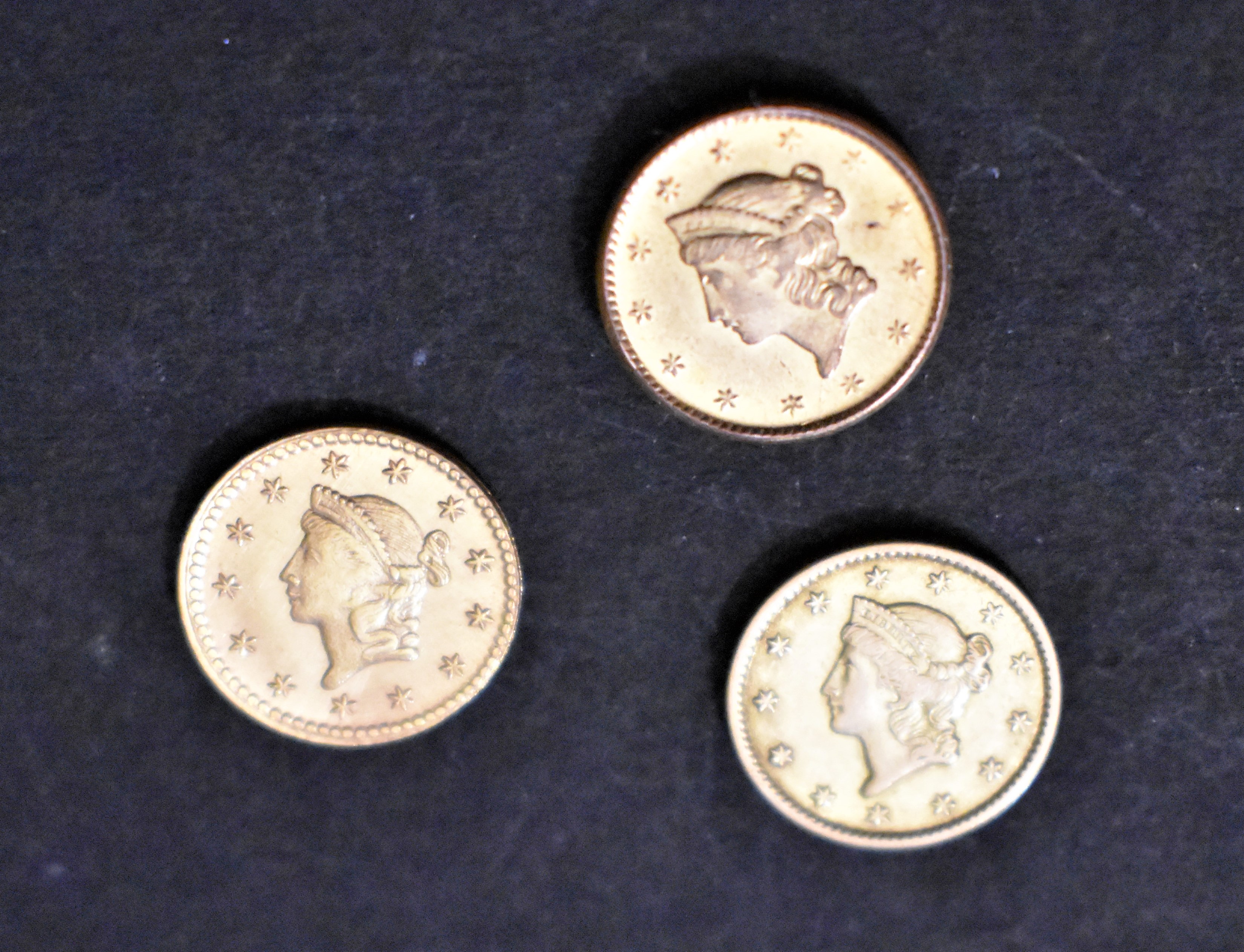 Gold USA Dollars 1849 (Genuine), 1853, 1853 and the two 1853 (Gold Plated), (Three Coins) - Image 2 of 2