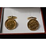 Gold Half Sovereigns (2) 1906 Edward VII as a pair of Cuff Links (Links are 9ct), Boxed.