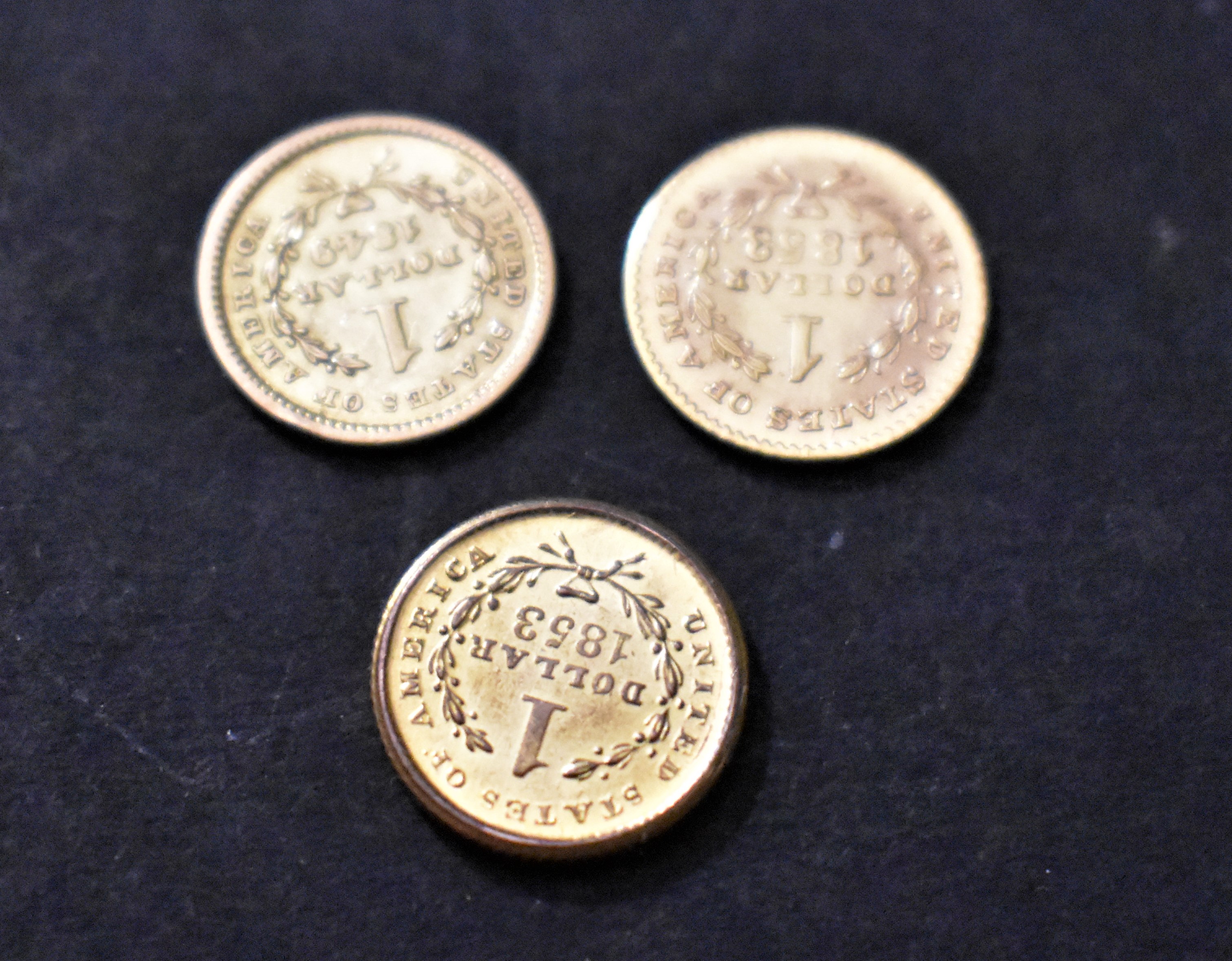 Gold USA Dollars 1849 (Genuine), 1853, 1853 and the two 1853 (Gold Plated), (Three Coins)