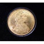 Gold Austrian 1915 Four Ducat Gold Plated on Copper Restrike, boxed.