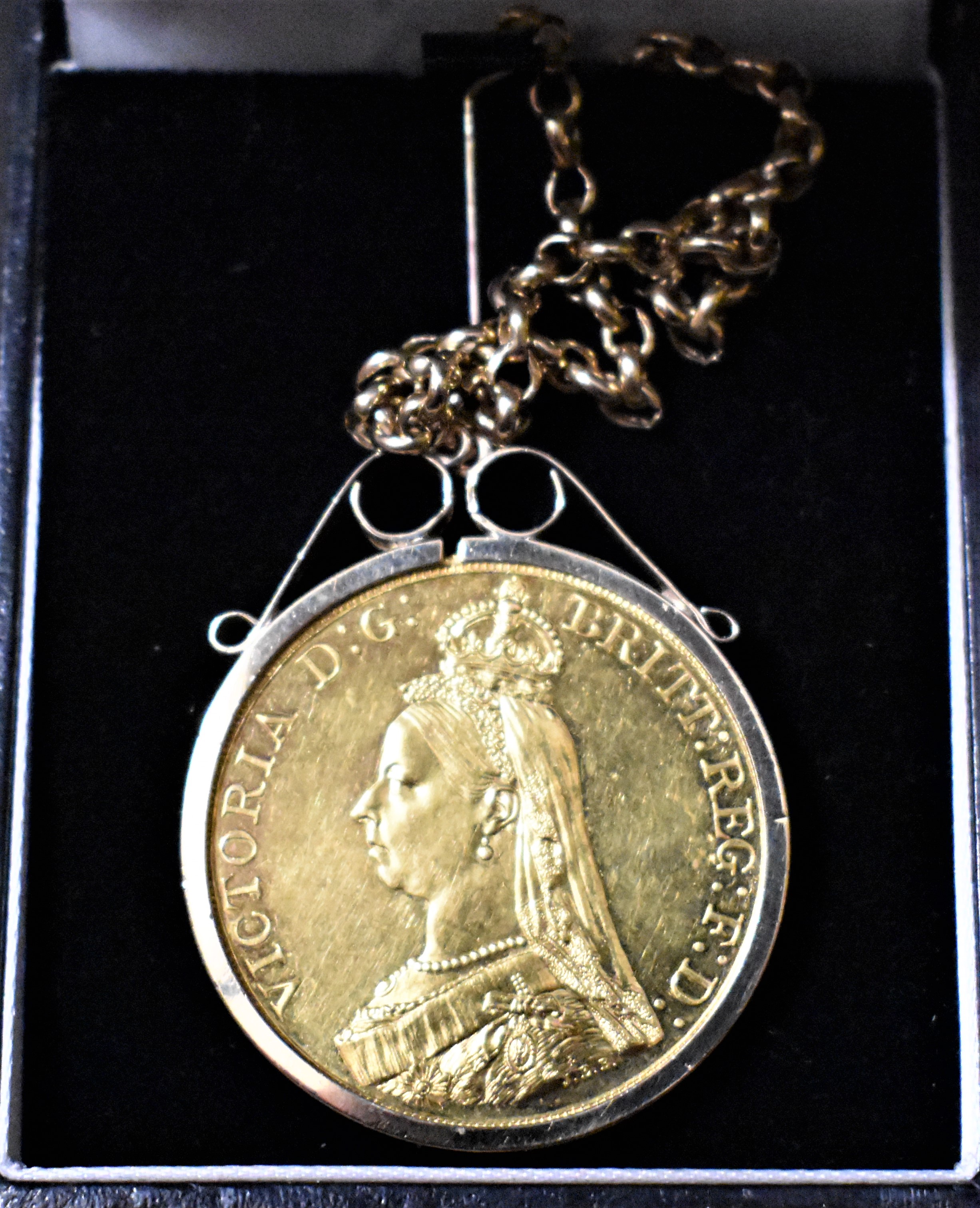 Gold 1887 Five Pounds Victoria S. 3864 Mounted for a Necklace with a Gold Chain. Boxed