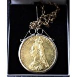 Gold 1887 Five Pounds Victoria S. 3864 Mounted for a Necklace with a Gold Chain. Boxed