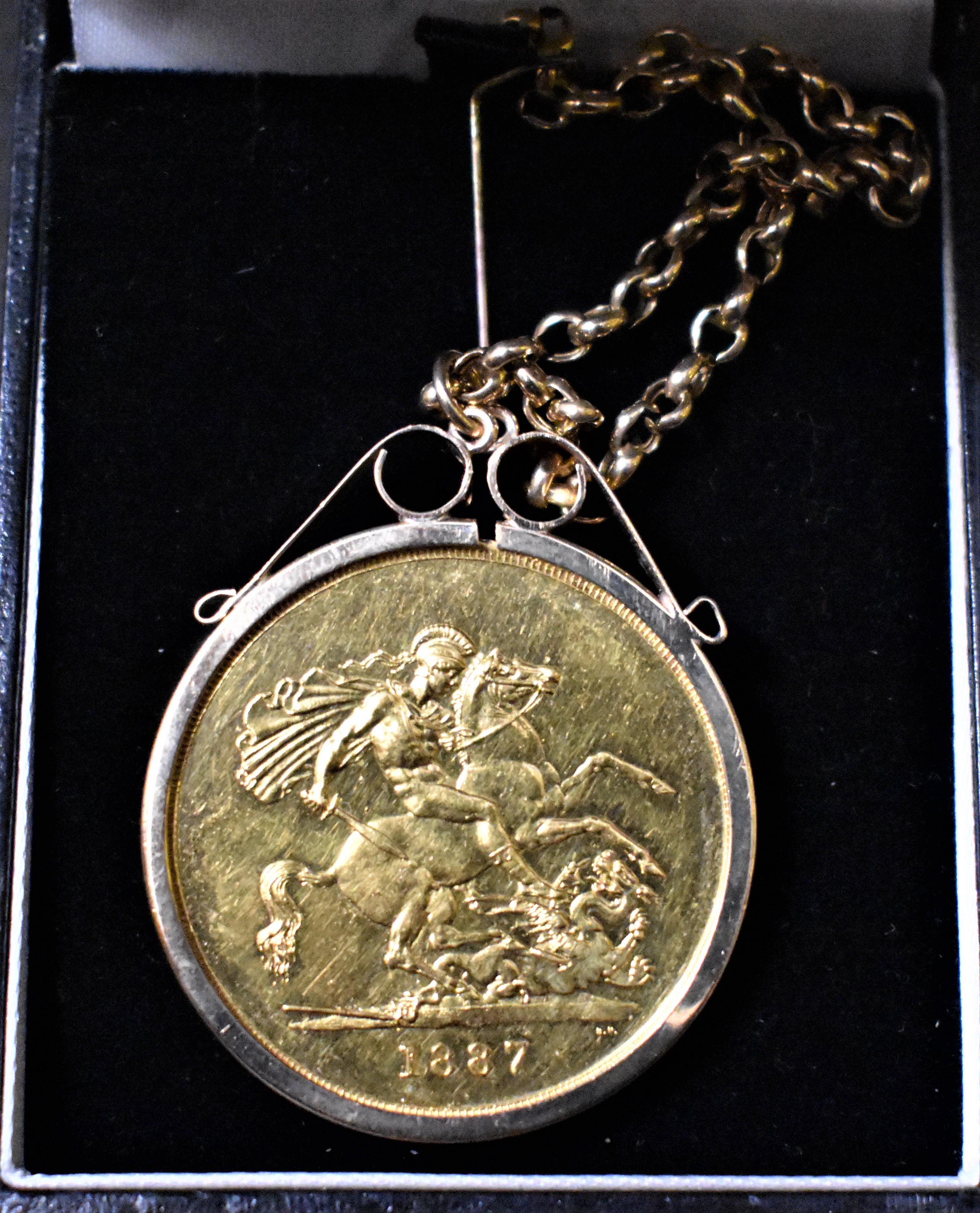 Gold 1887 Five Pounds Victoria S. 3864 Mounted for a Necklace with a Gold Chain. Boxed - Image 2 of 2