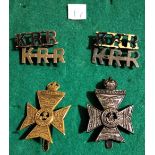 King's Royal Rifle Corps Cap Badges (two variants in Gilding-metal and blackened-brass) and two