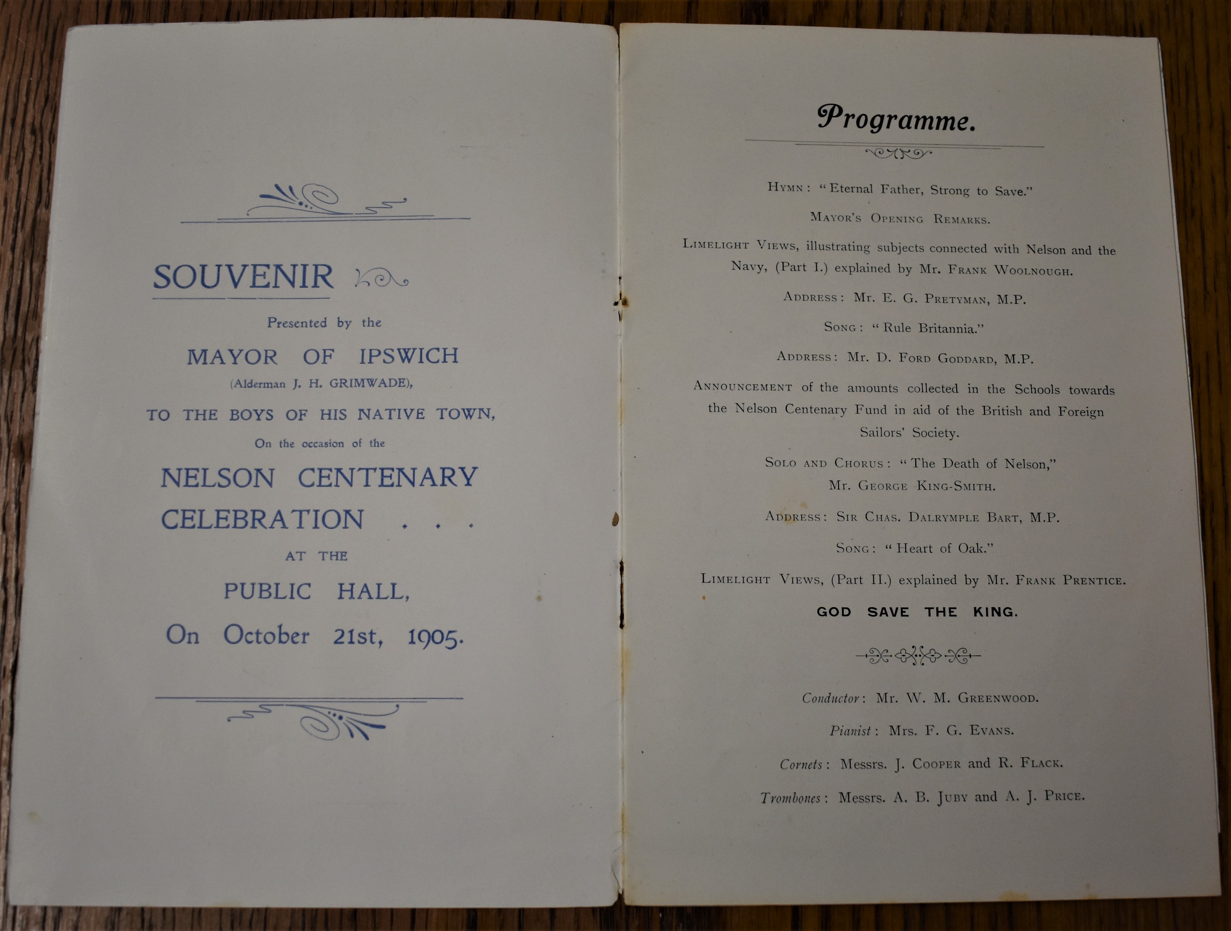 Nelson Centenary Celebration 1805-1905 Programme - Public Hall, Ipswich, Oct 21st 1905 - Image 2 of 2