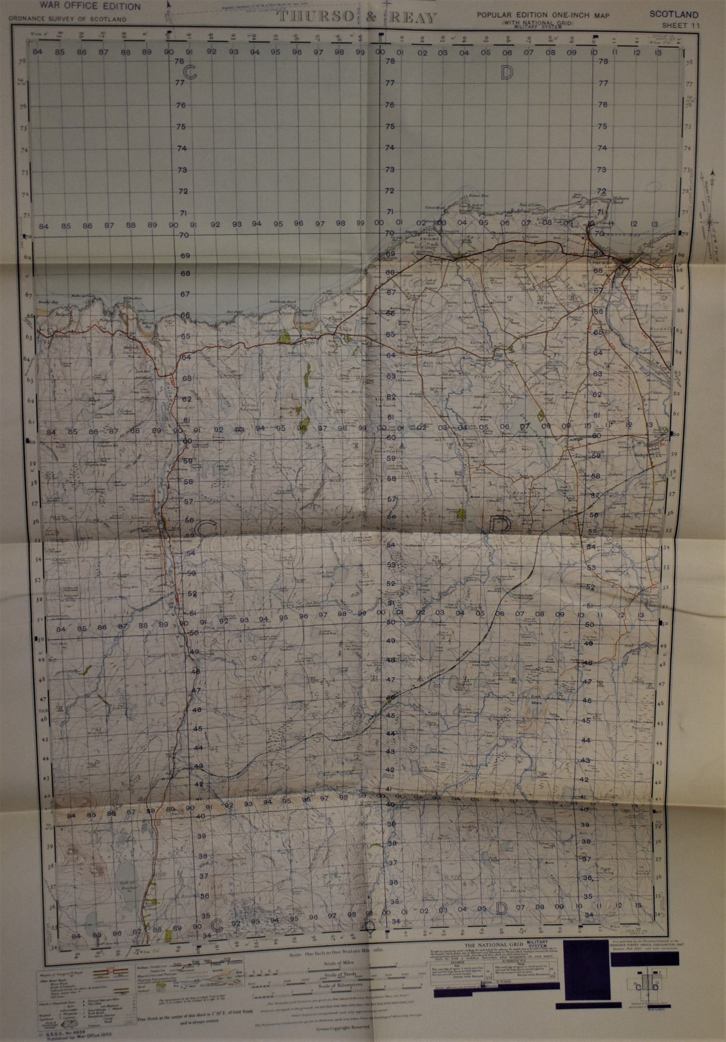 Scotland 'Thirso Reay' War Office Edition, ordnance survey map sheet 11, published in 1950 folded