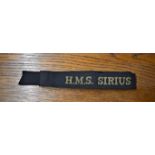 H.M.S. SIRIUS British Naval Cap Tally:- H.M.S. Sirius was a Dido-class light cruiser of the Royal