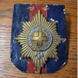 Coldstream Guards Valise Cross Belt Plate (Gilding-metal) mounted on a Staff Car placard, an unusual