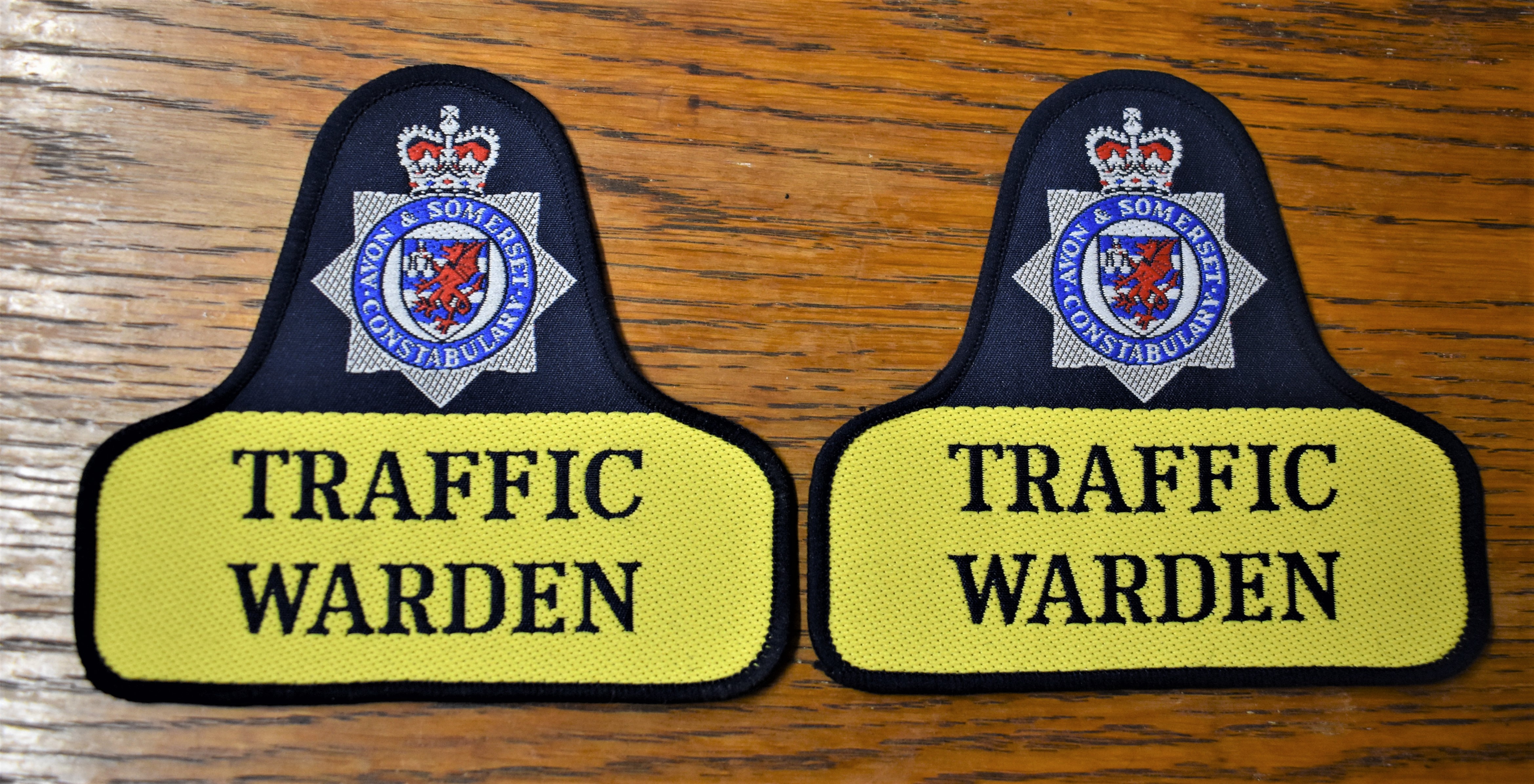 Avon & Somerset Constabulary Traffic Warden Cloth Pullover Patches (2) EIIR Crown