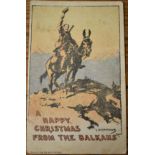 British WWI Picture Postcard 'A Happy Christmas from the Balkans' artwork by G.D. Amour. Depicts a