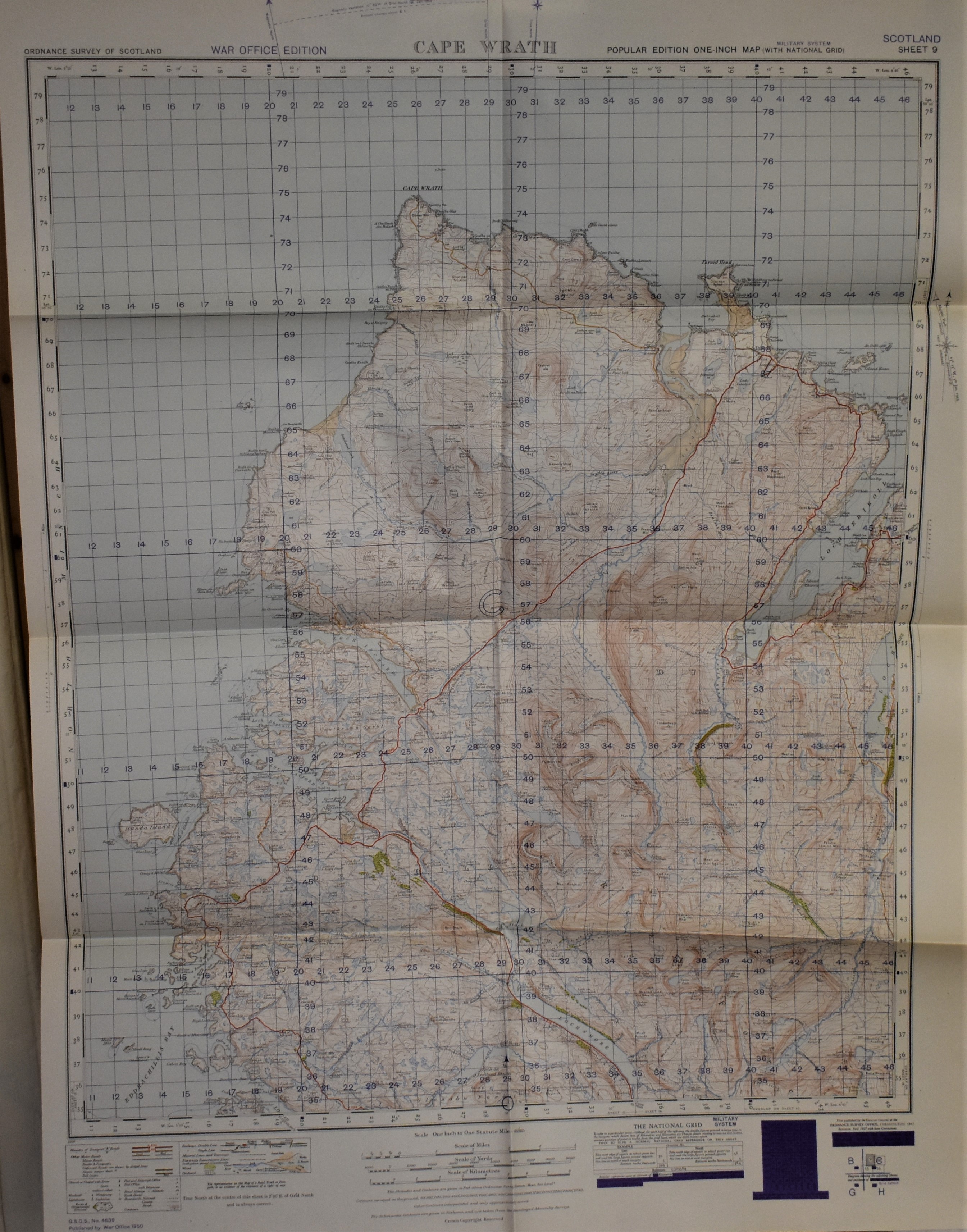 Scotland 'Cape Wrath' War Office Edition Ordnance Survey map, sheet 9 - Published 1950, folded, mint