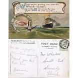 Passenger Liner Postcard "What happier greeting can there be, whatever may befall, clasp hands