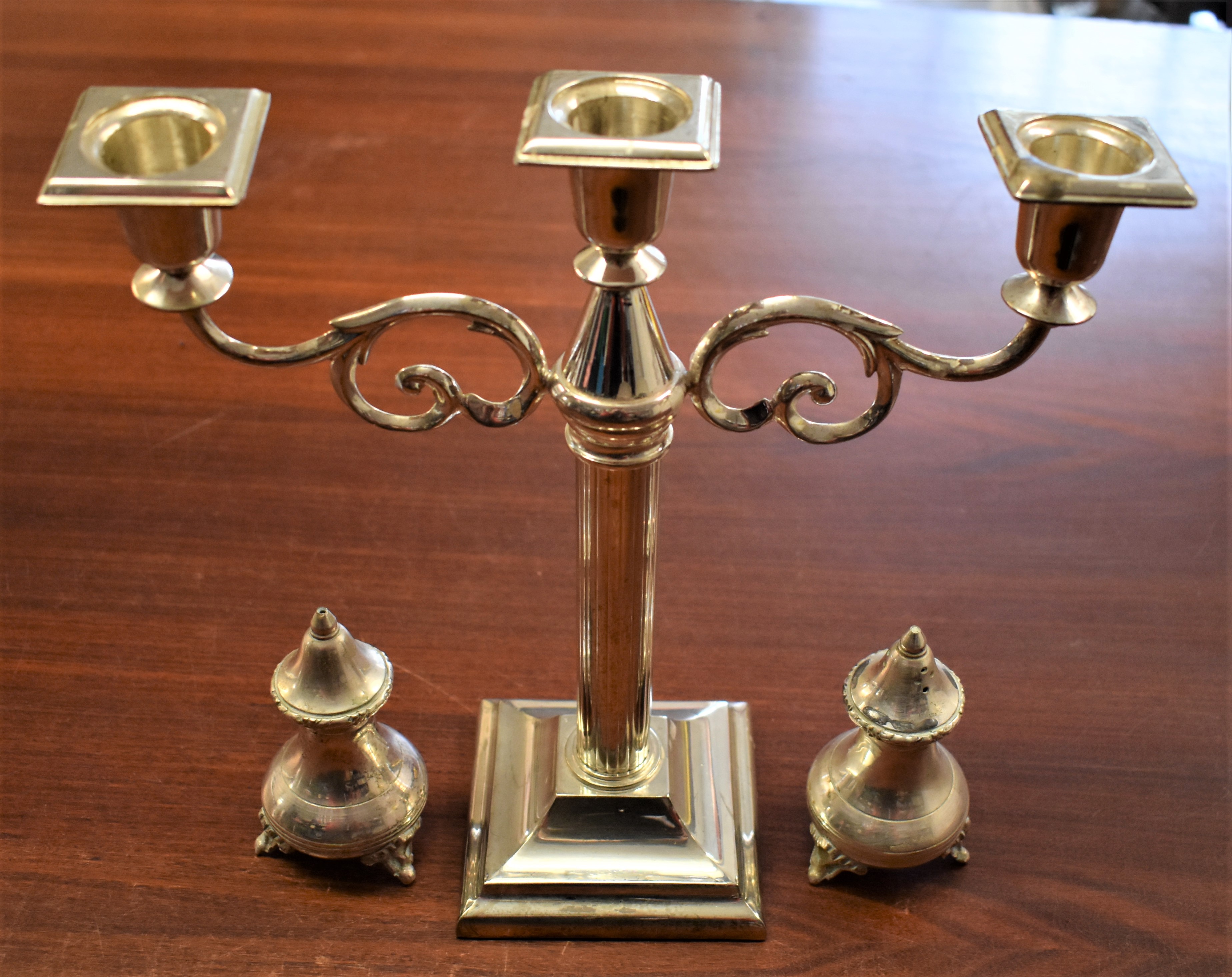 Vintage Silver Plated Candlestick and Salt and Pepper Shakers, nice little lot