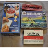 Vintage boxed games includes: 'Battleships, Boggie' by Palitoy, set of dominos, Lexicon The Wonder