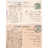 Larkhill Camp 1909 full skeleton postmark on postcard, another 1912 Larkhill Camp B.O./Salisbury s/