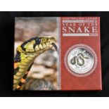 Australia 2013 Silver Proof Dollar, Year of the Snake (Yellow Snake), boxed with corticate