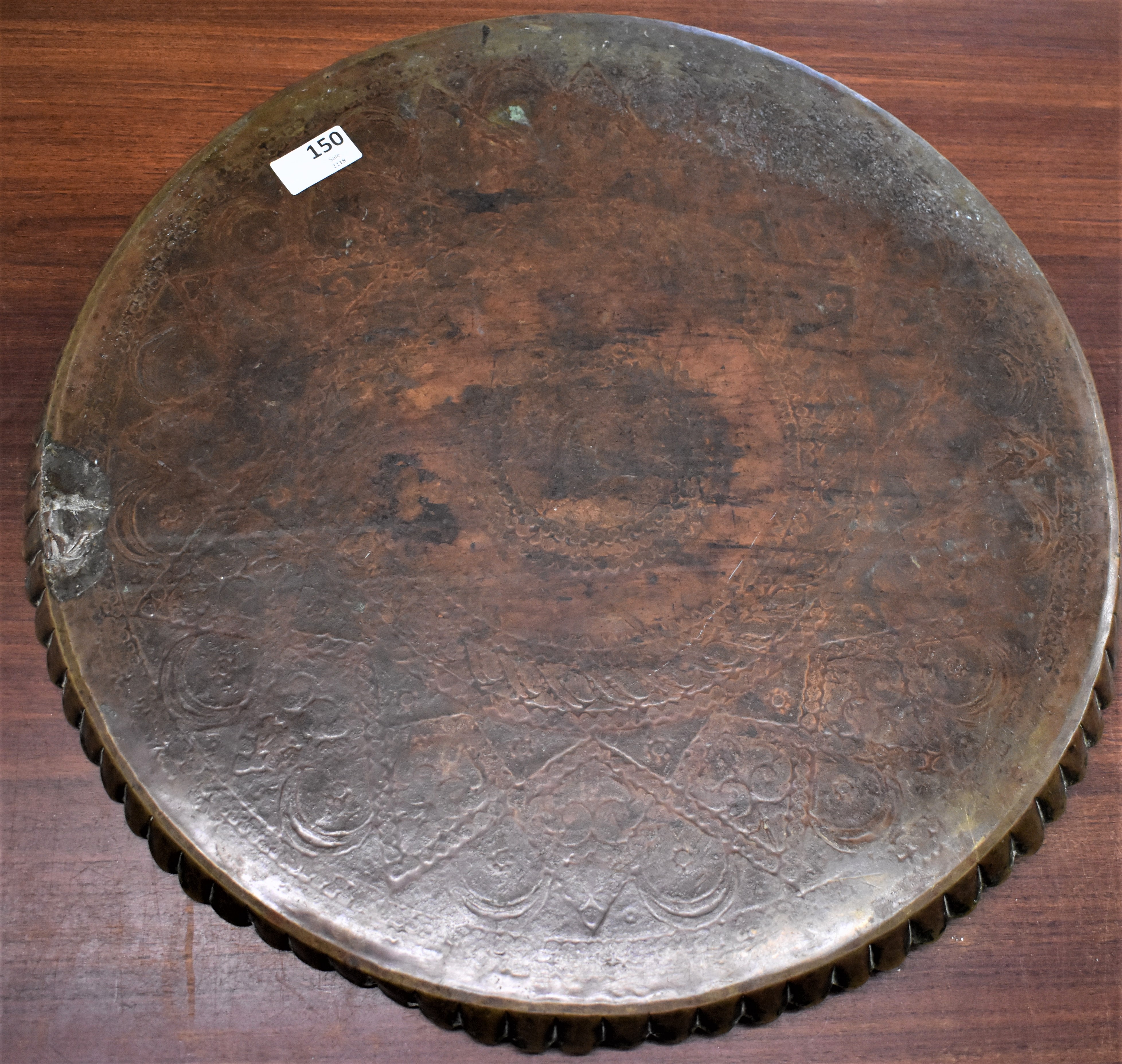 Vintage Middle Eastern Etched Round Copper Tray Table, a very ornate floral and Crescent etched - Image 2 of 2