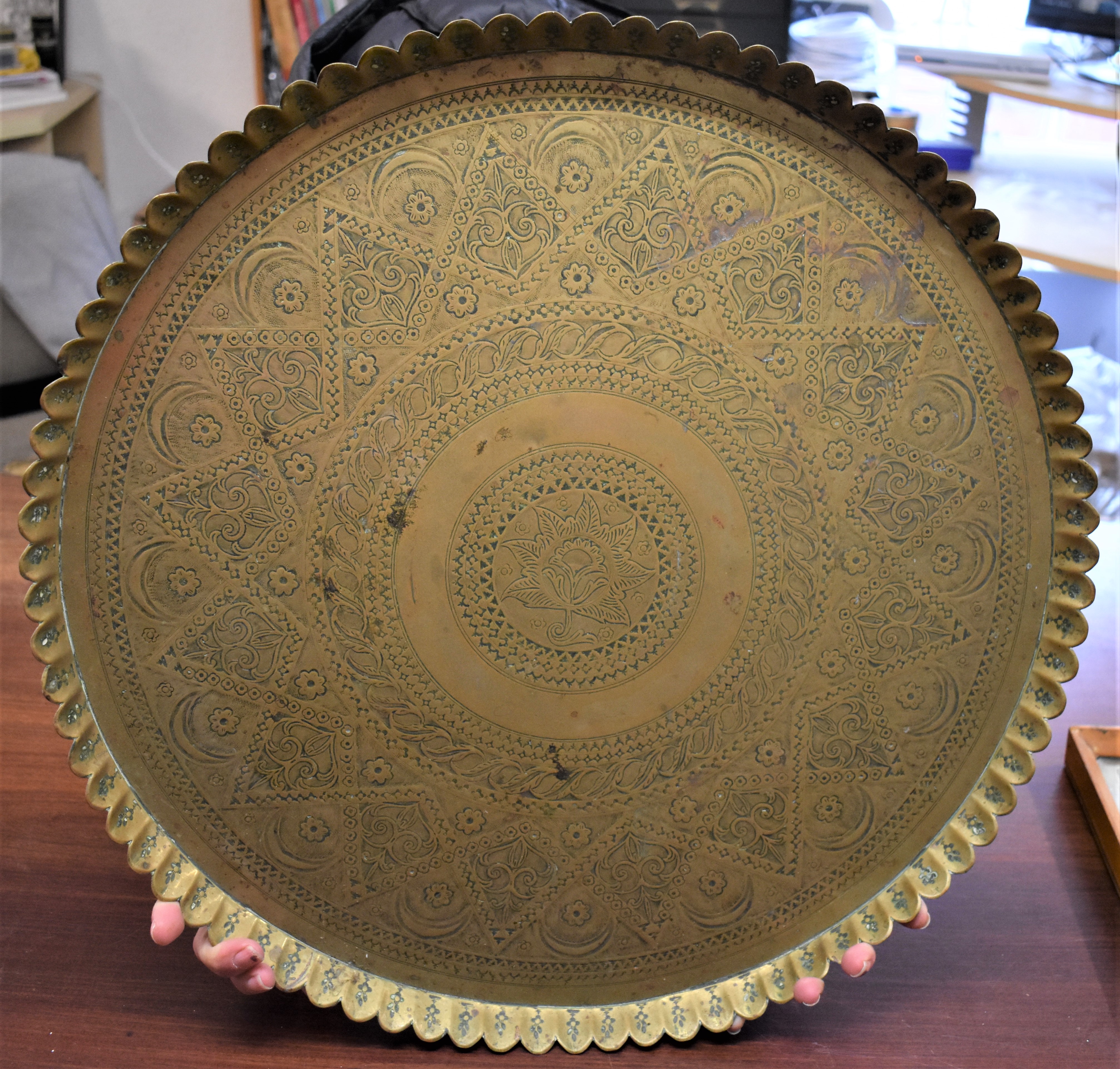 Vintage Middle Eastern Etched Round Copper Tray Table, a very ornate floral and Crescent etched